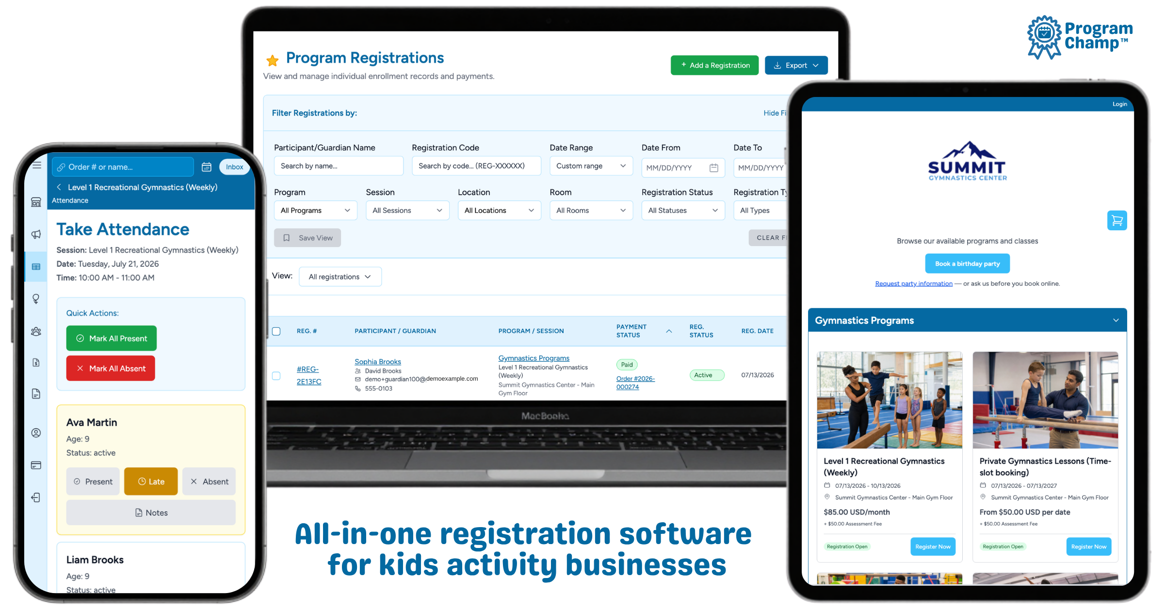 ProgramChamp™ kids class registration software on laptop, tablet, and phone showing class scheduling, online registration, and parent messaging