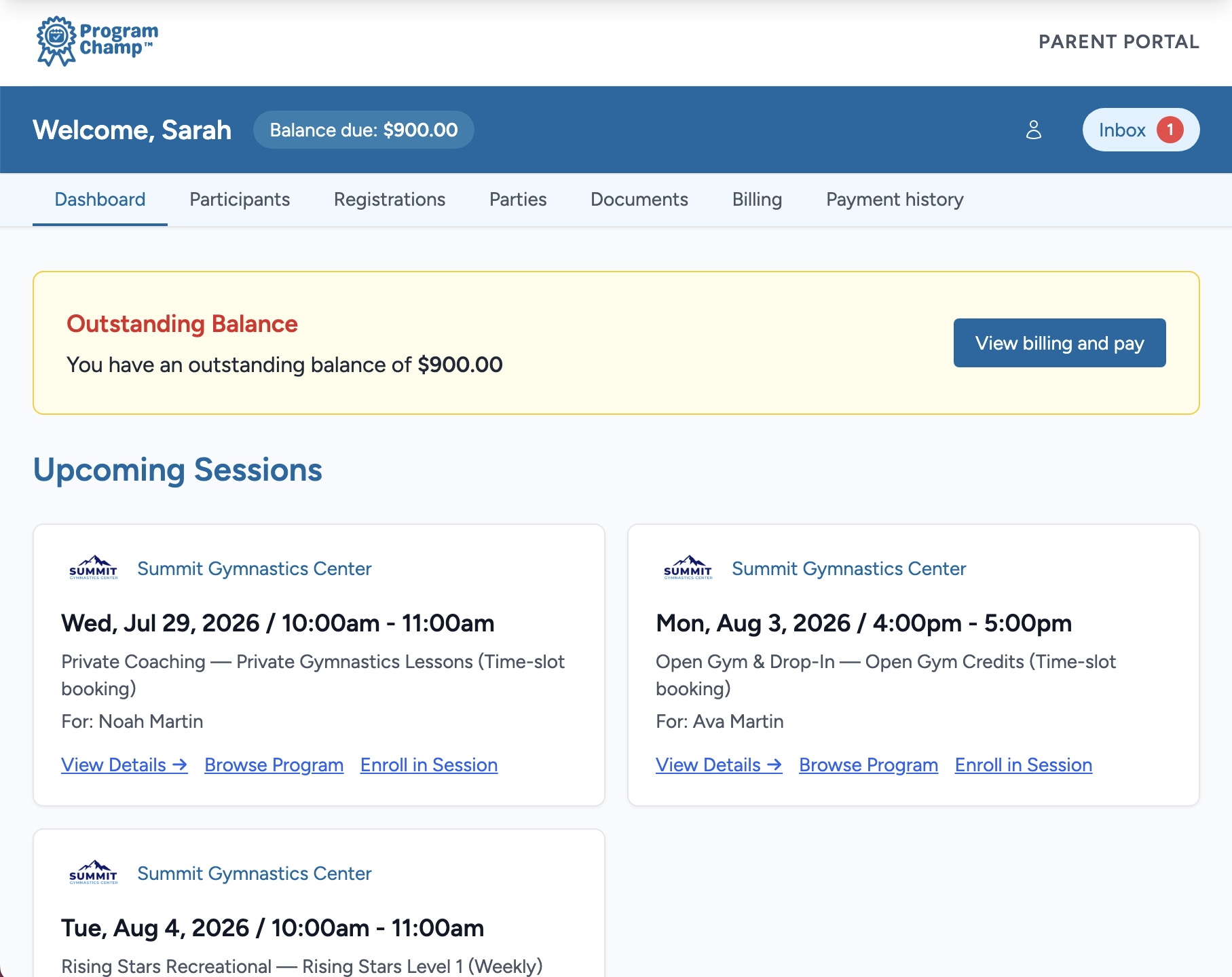 Parent portal dashboard for Summit Gymnastics Center in ProgramChamp