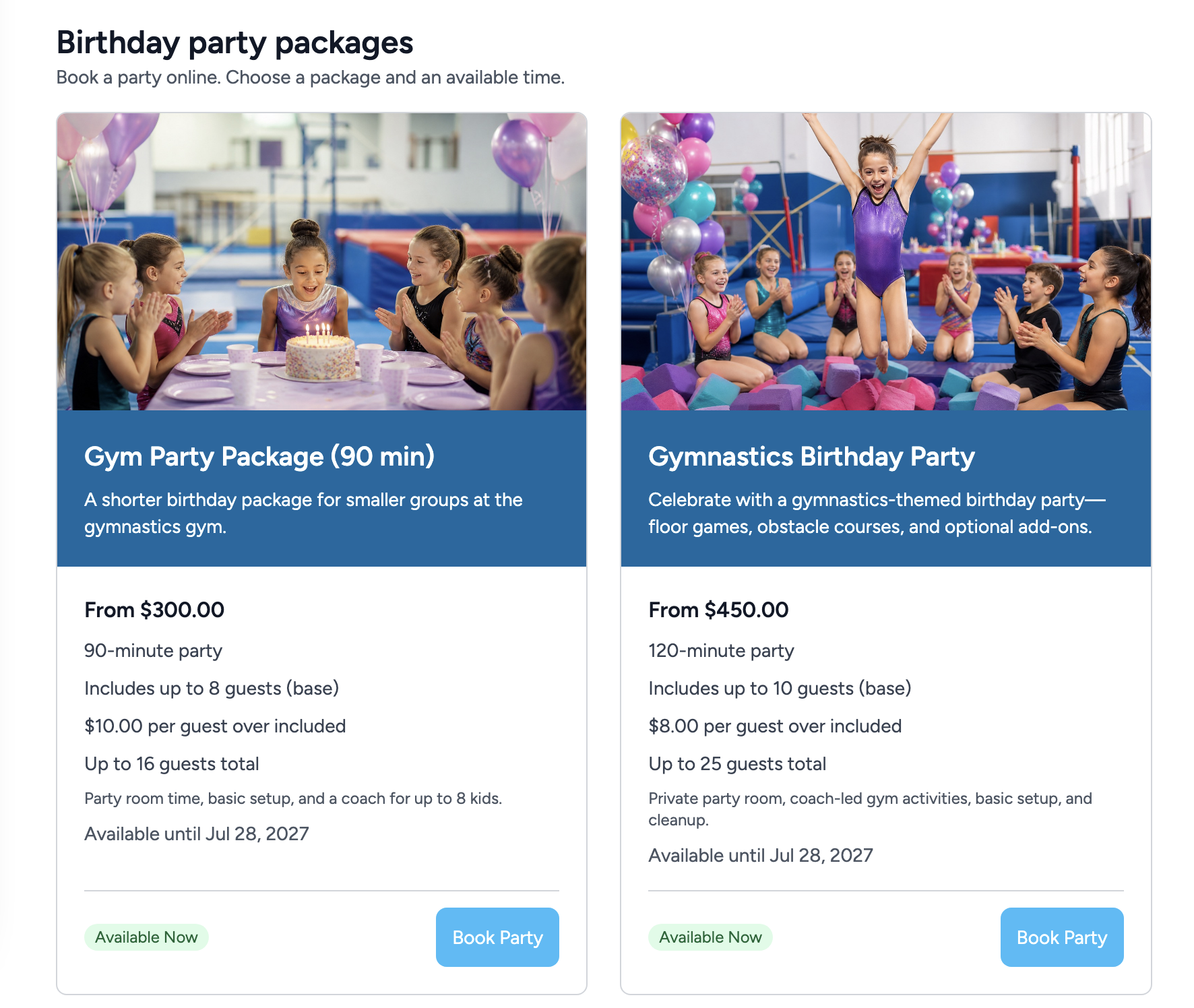 Public birthday party package selection for Summit Gymnastics Center