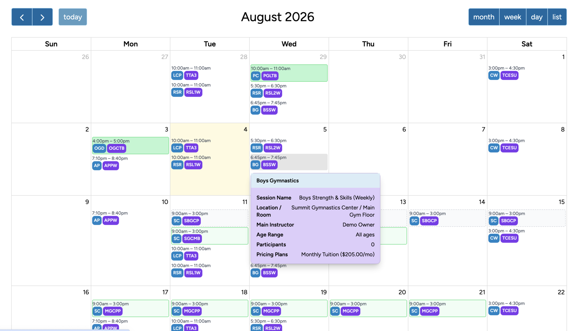 Month calendar of gymnastics classes and sessions in ProgramChamp