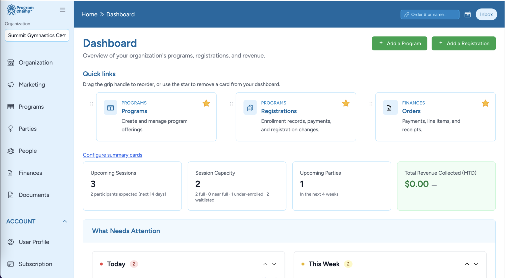 ProgramChamp dashboard for Summit Gymnastics Center