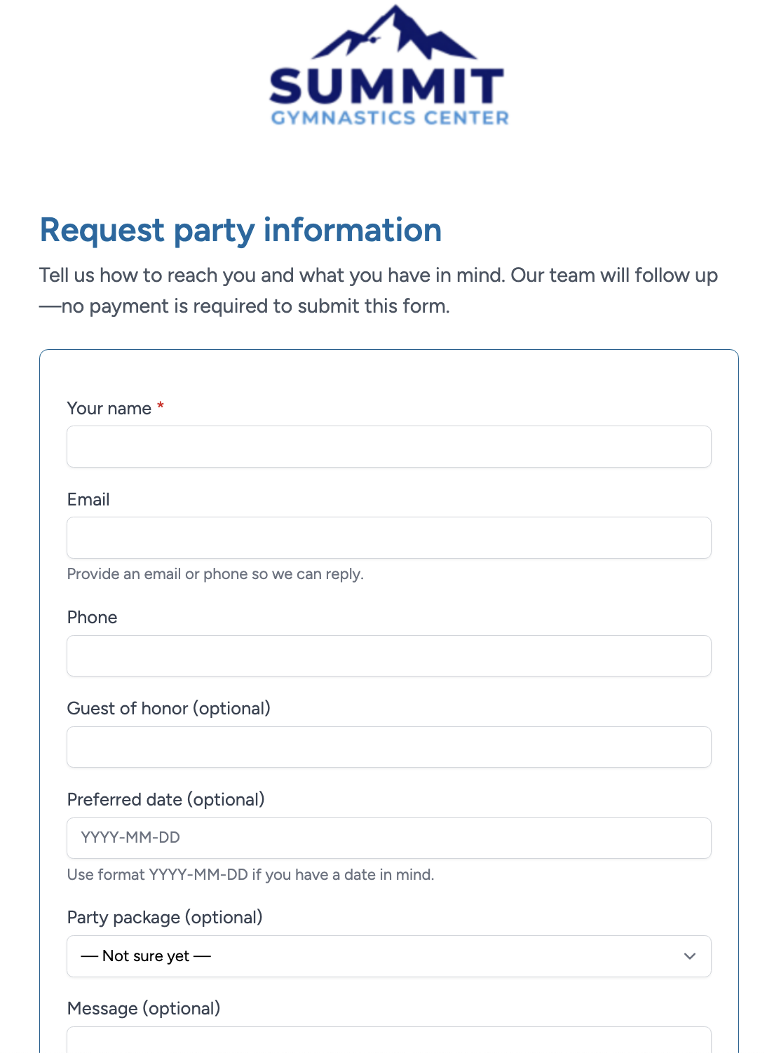 Public request party information form for Summit Gymnastics Center