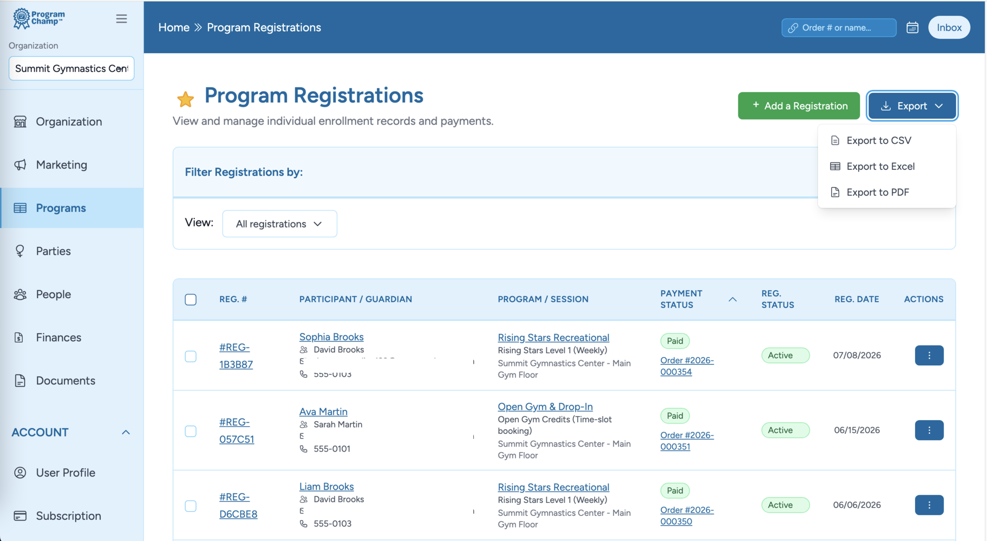 Program registrations list with paid and active status in ProgramChamp